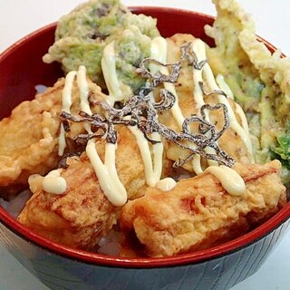 塩昆布のせて　マヨかけ天丼